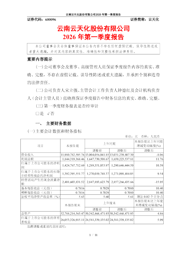云天化：云天化2026年第一季度报告