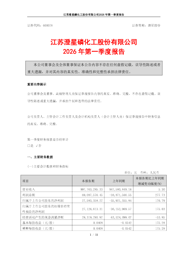 澄星股份：江苏澄星磷化工股份有限公司2026年第一季度报告