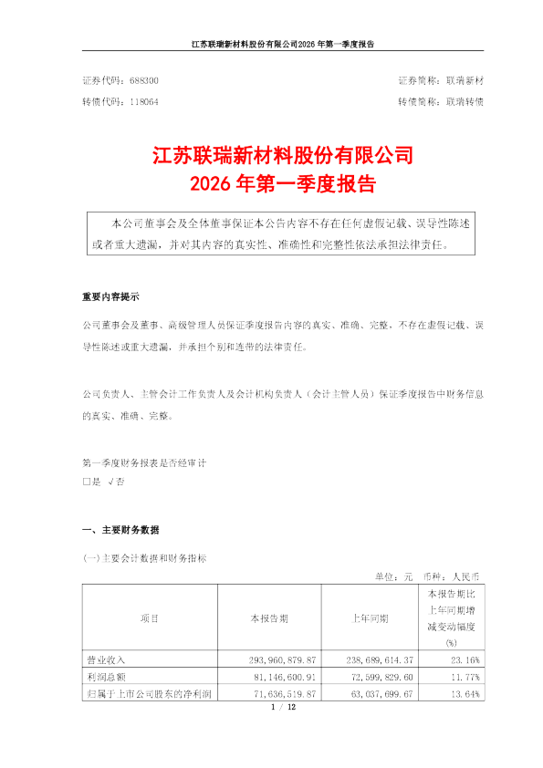 联瑞新材：联瑞新材2026年第一季度报告