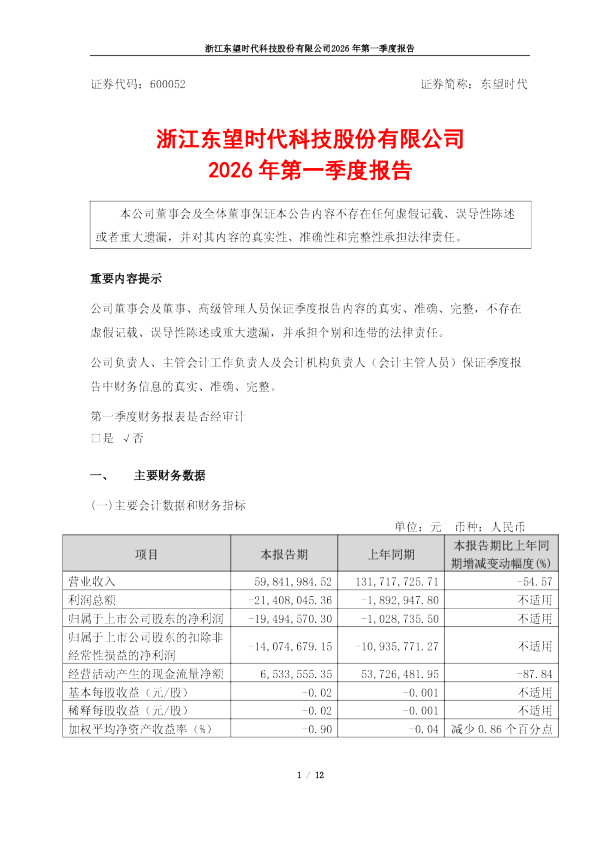 东望时代：浙江东望时代科技股份有限公司2026年第一季度报告