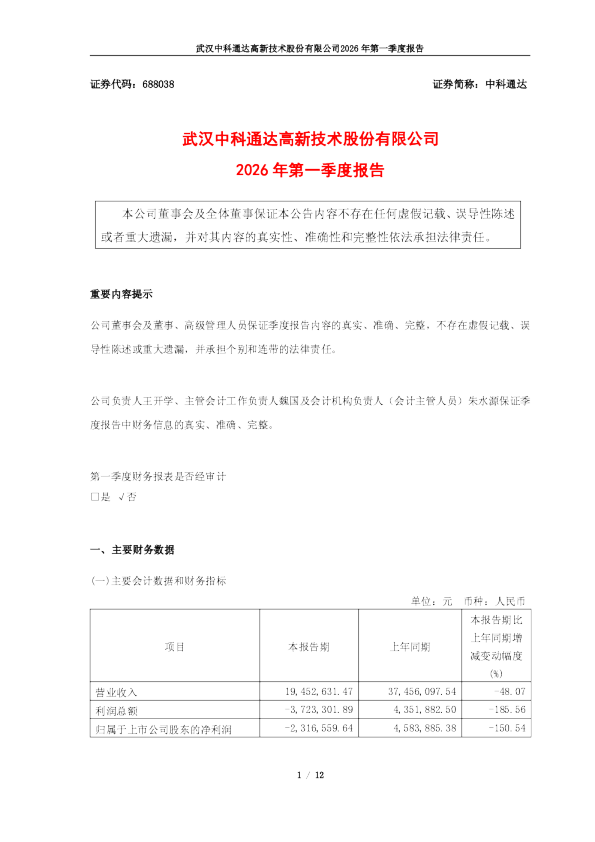 中科通达：2026年第一季度报告