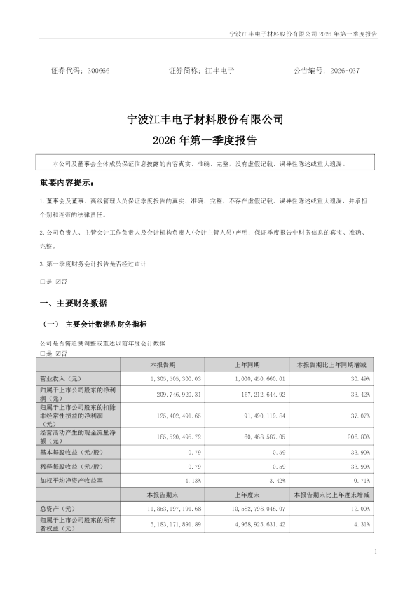 江丰电子：2026年一季度报告