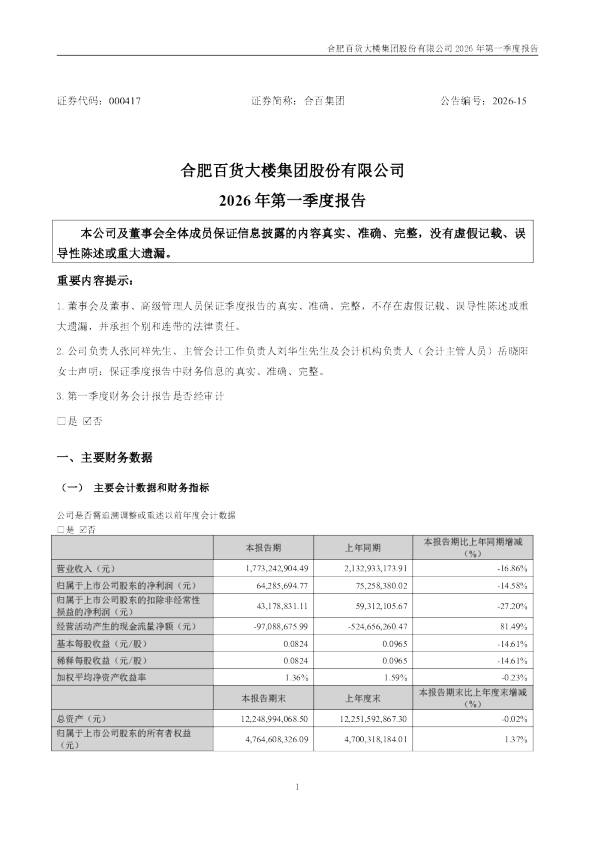 合百集团：2026年一季度报告
