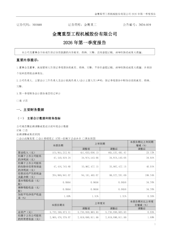 金鹰重工：2026年一季度报告