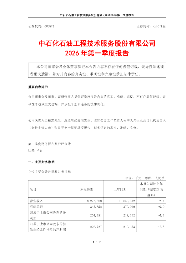石化油服：2026年第一季度报告