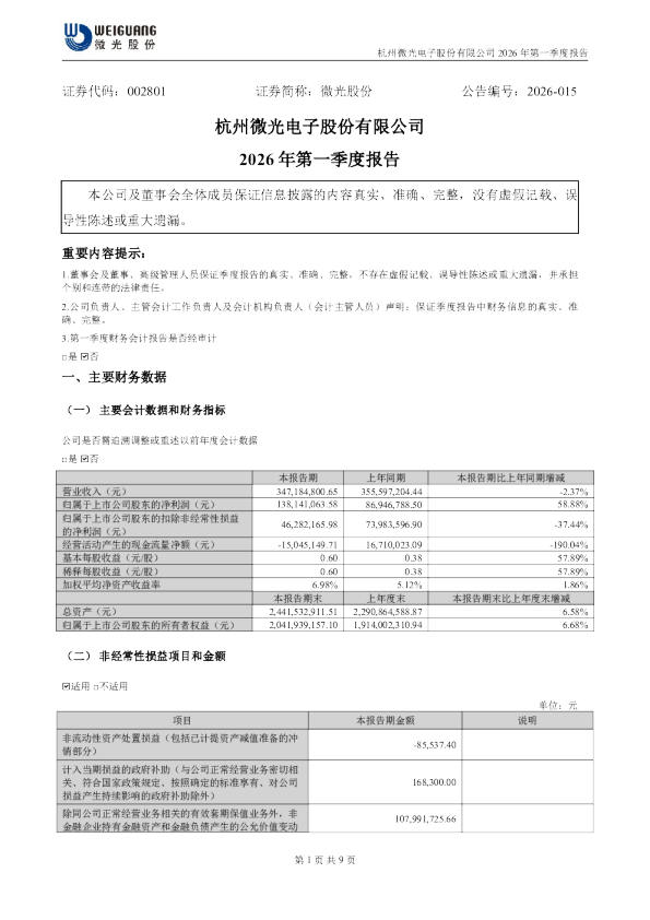 微光股份：2026年一季度报告