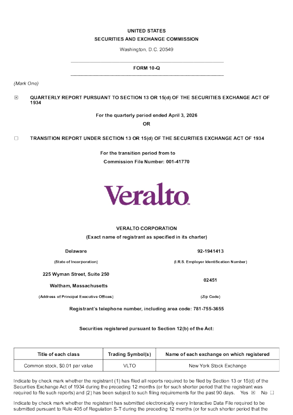 Veralto Corp 2026年季度报告