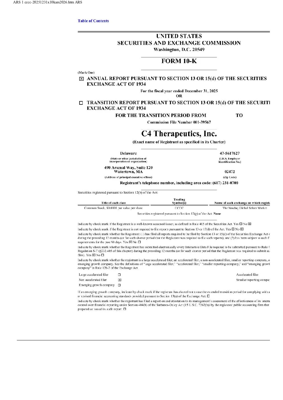 C4 Therapeutics Inc 2025年度报告