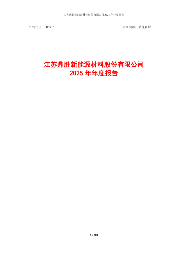 鼎胜新材：江苏鼎胜新能源材料股份有限公司2025年年度报告