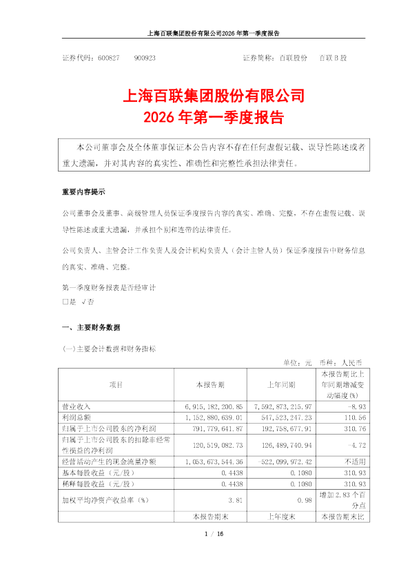 百联股份：百联股份2026年第一季度报告