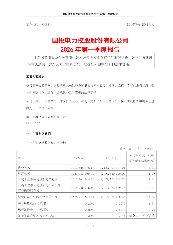 国投电力：国投电力控股股份有限公司2026年第一季度报告