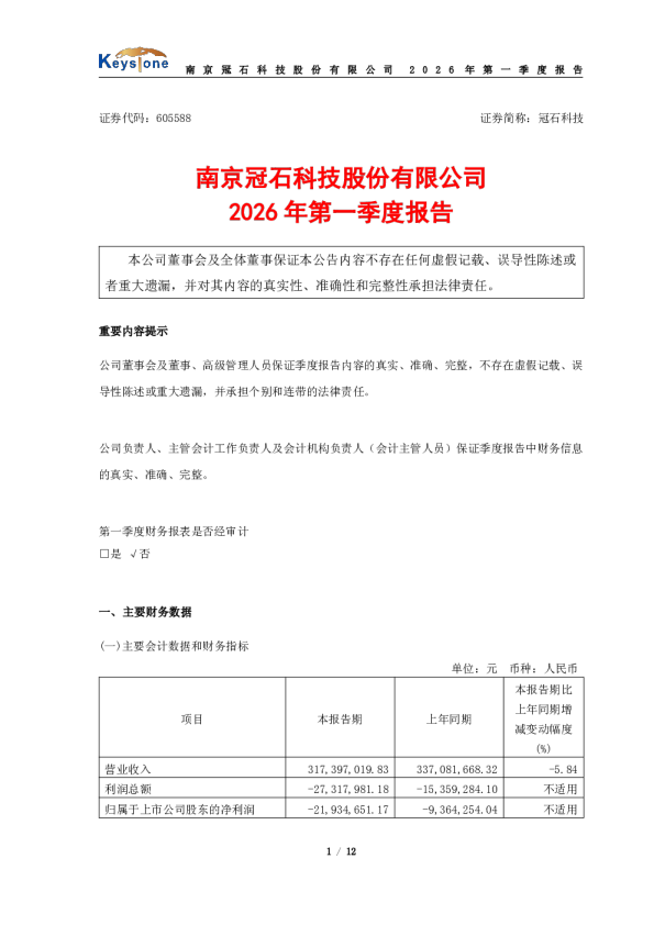 冠石科技：2026年第一季度报告