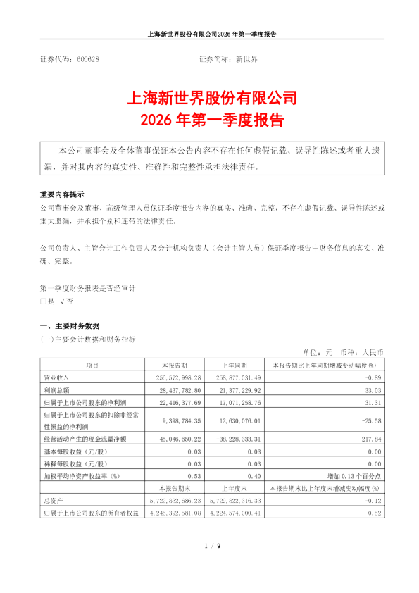 新世界：新世界2026年第一季度报告