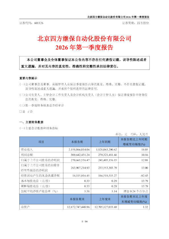 四方股份：四方股份2026年第一季度报告