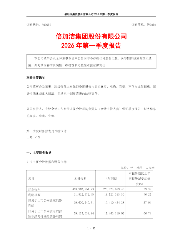 倍加洁：倍加洁集团股份有限公司2026年第一季度报告