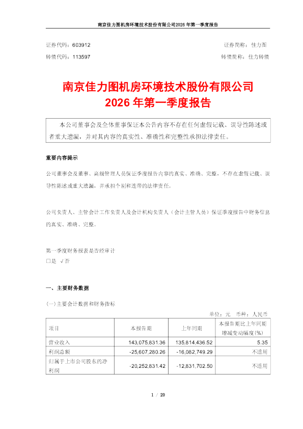 佳力图：603912：佳力图2026年第一季度报告