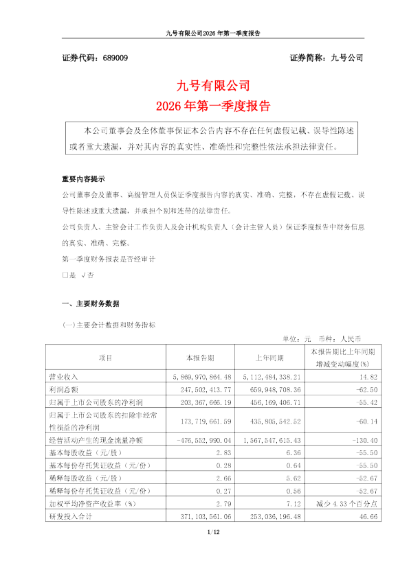 九号公司：九号有限公司2026年第一季度报告