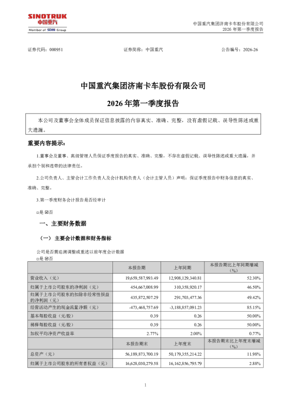 中国重汽：2026年一季度报告