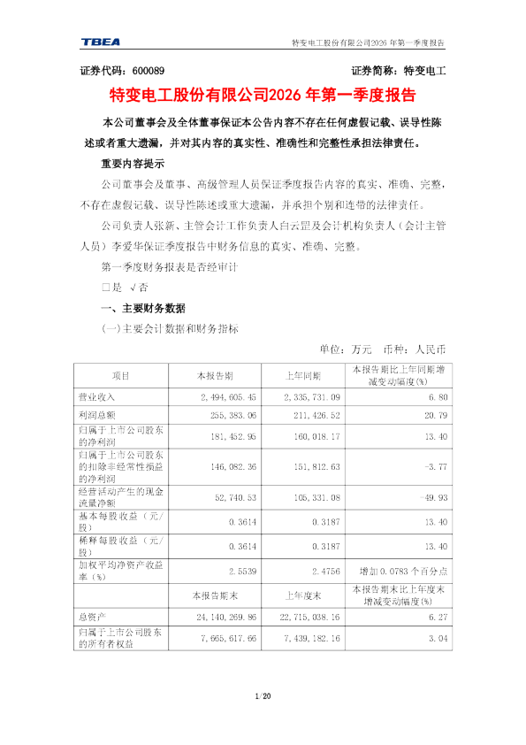 特变电工：特变电工股份有限公司2026年第一季度报告