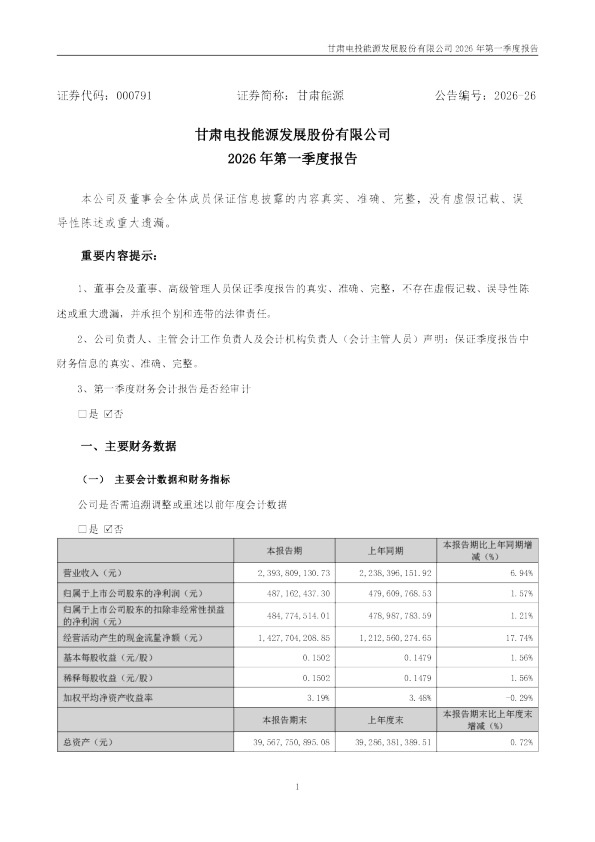 甘肃能源：2026年一季度报告