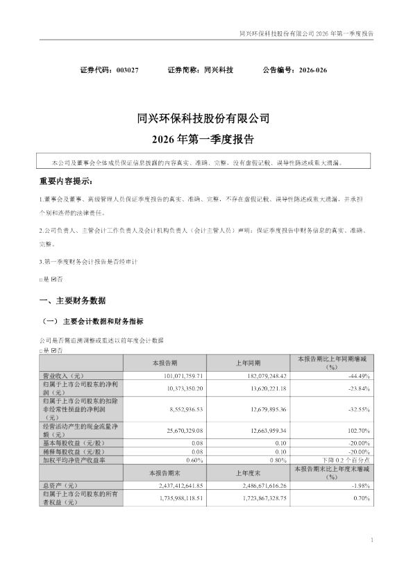 同兴科技：2026年一季度报告
