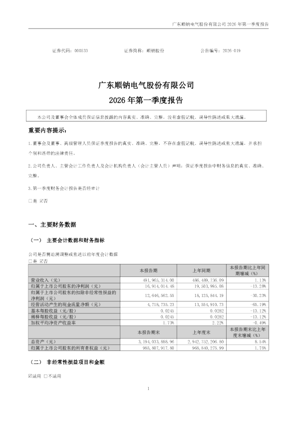 顺钠股份：2026年一季度报告