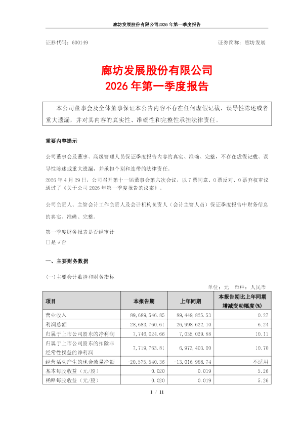 廊坊发展：廊坊发展2026年第一季度报告