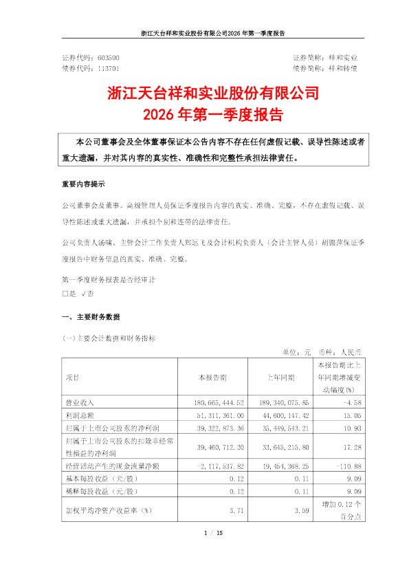 祥和实业：浙江天台祥和实业股份有限公司2026年第一季度报告