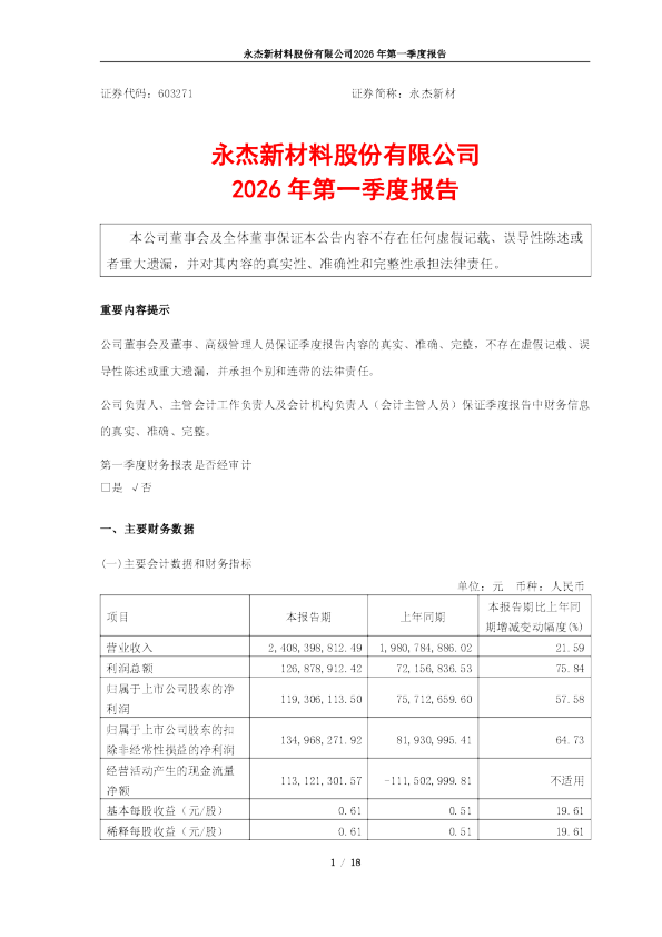 永杰新材：永杰新材2026年第一季度报告