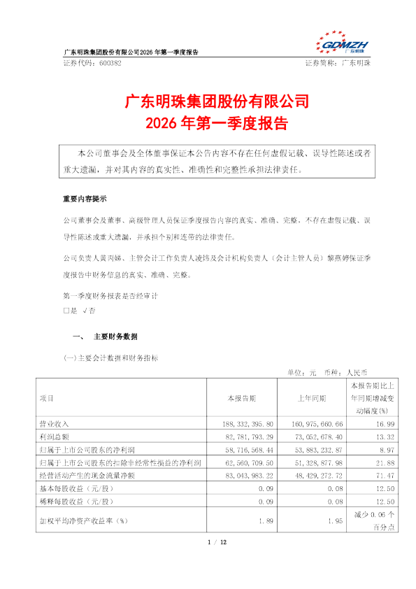 广东明珠：广东明珠集团股份有限公司2026年第一季度报告