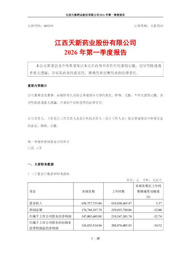 天新药业：2026年第一季度报告