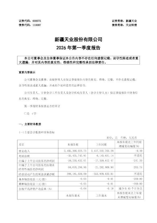 新疆天业：新疆天业股份有限公司2026年第一季度报告
