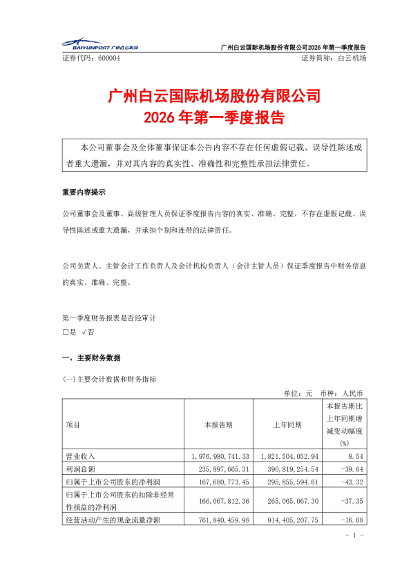 白云机场：2026年第一季度报告