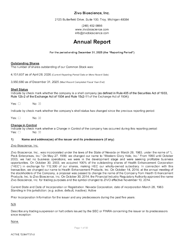 Zivo Bioscience Inc 2025年度报告