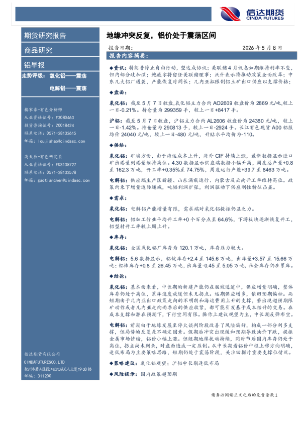 铝早报：地缘冲突反复，铝价处于震荡区间