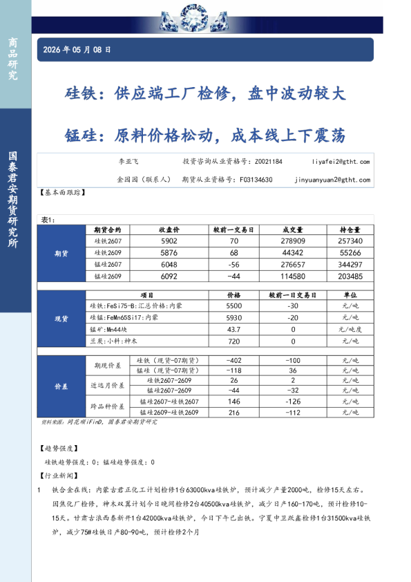 硅铁：供应端工厂检修，盘中波动较大；锰硅：原料价格松动，成本线上下震荡