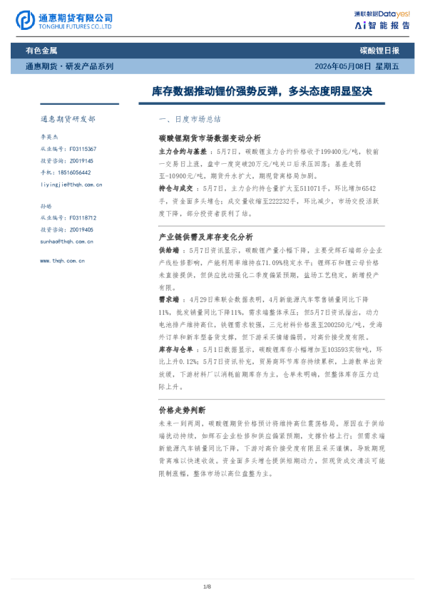 库存数据推动锂价强势反弹，多头态度明显坚决