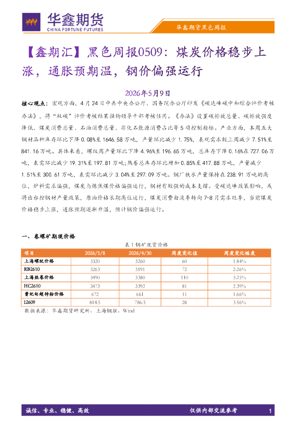 【鑫期汇】黑色周报：煤炭价格稳步上涨，通胀预期温，钢价偏强运行