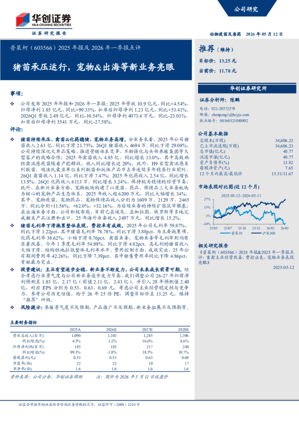 普莱柯（603566）2025年报及2026年一季报点评：猪苗承压运行，宠物&出海等新业务亮眼