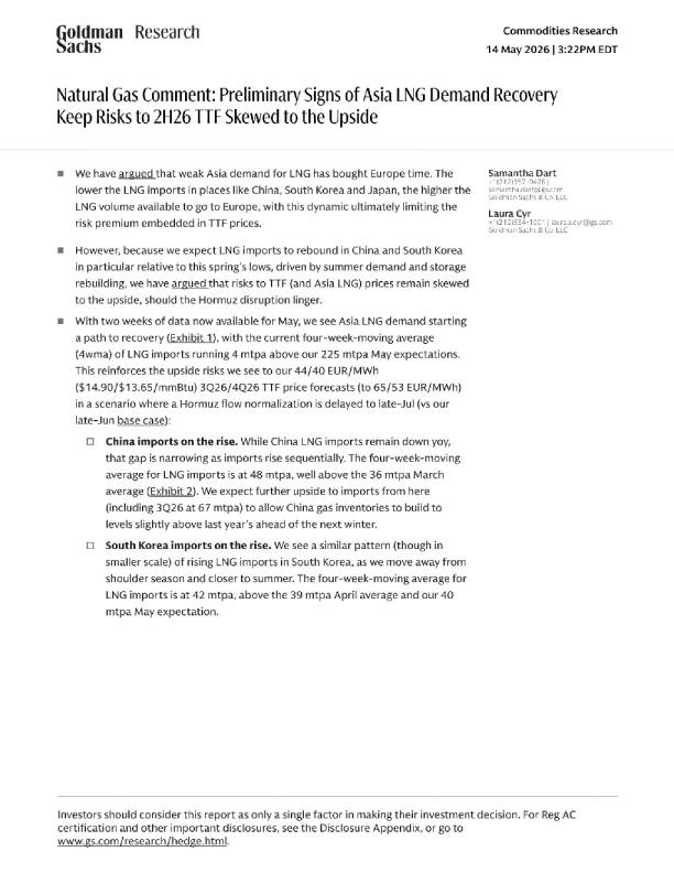 天然气评论：亚洲液化天然气需求复苏的初步迹象——2026年下半年TTF风险仍偏上行