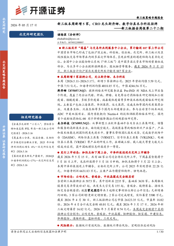 新三板掘金周报第二十二期：新三板本周新增 5 家，CRO龙头斯丹姆、数字仿真未尔科技挂牌