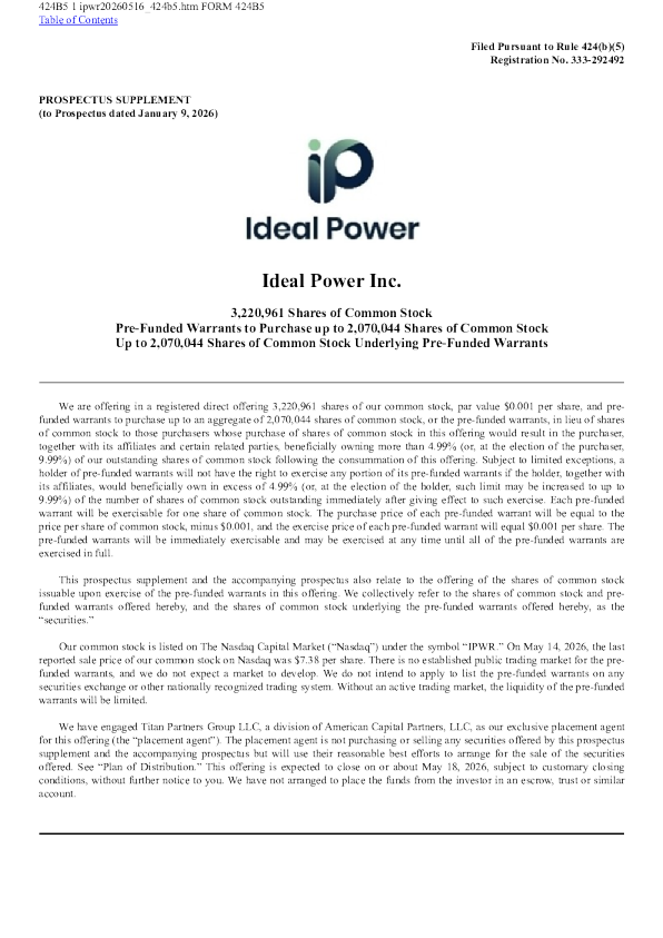 Ideal Power Inc 美股招股说明书（2026年5月18日版）