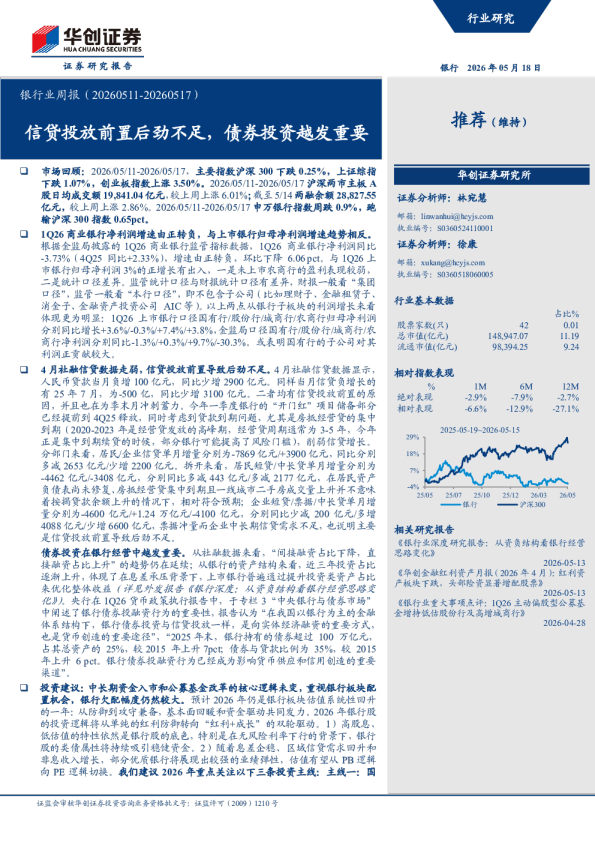 银行业周报（20260511-20260517）：信贷投放前置后劲不足，债券投资越发重要