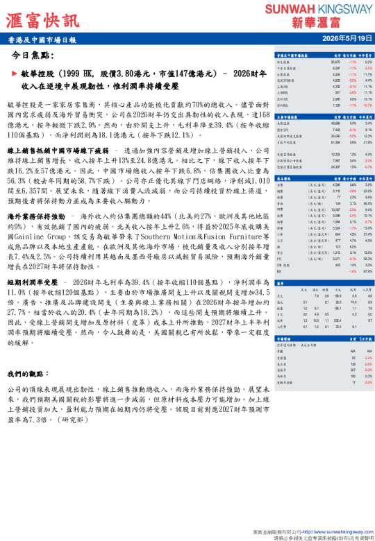 香港及中国市场日报：敏华控股2026财年收入展现韧性但利润率承压