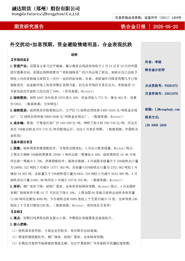 铁合金日报-外交扰动+加息预期，资金避险情绪明显，合金表现抗跌