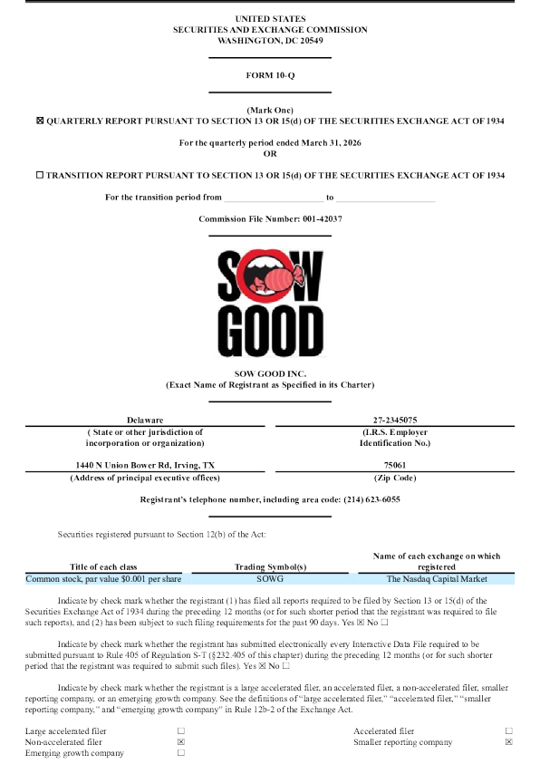 Sow Good Inc 2026年季度报告