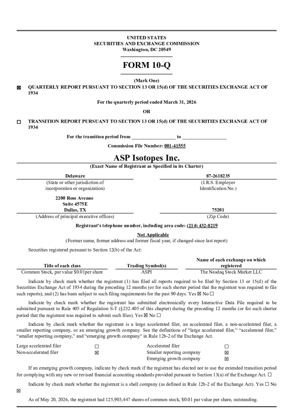 ASP Isotopes Inc 2026年季度报告