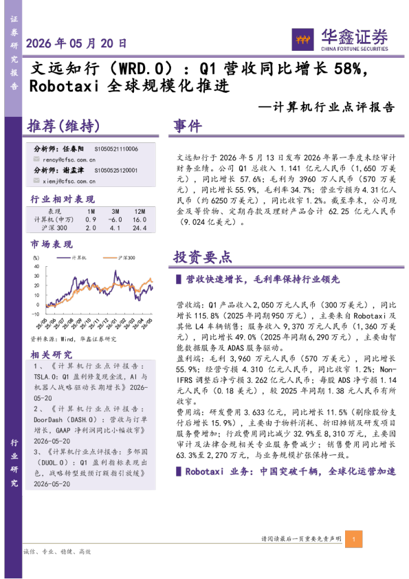 计算机行业点评报告：文远知行：Q1营收同比增长58%，Robotaxi全球规模化推进