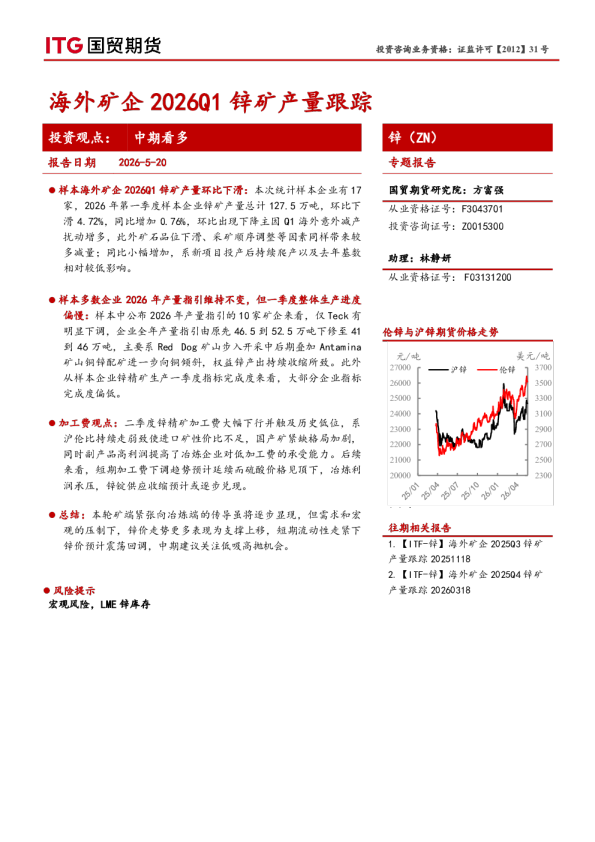 锌（ZN）专题报告：海外矿企2026Q1锌矿产量跟踪