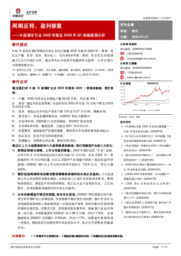 A股锂矿行业2025年报及2026年Q1财报梳理分析：周期反转，盈利修复